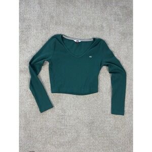 Vintage Tommy Hilfiger Women's Green Cropped Top Long Sleeve Shirt Sz Small 90's